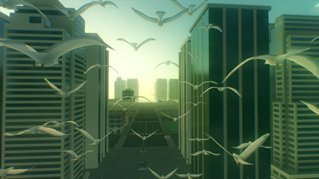 Seagulls fly past skyscrapers in the game Everything by Double Fine Productions